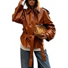 image:imagechouyatou Womens Casual Moto Belted Faux Leather Jacket Short Trench CoatOrange