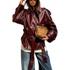 image:imagechouyatou Womens Casual Moto Belted Faux Leather Jacket Short Trench CoatRed