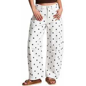 image:imagechouyatou Polka Dot Denim Pant High Waist Wide Leg Barrel Jeans for WomenWhite Blue