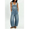 image:imagechouyatou Women Denim Bib Overall Barrel Embroidery Print Jean JumpsuitFloral Retro Blue