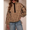 image:imagechouyatou Women Floral Fleece Jacket Stand Collar Sherpa Sweatshirt CoatKhaki