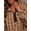 image:imagechouyatou Women Floral Fleece Jacket Stand Collar Sherpa Sweatshirt CoatKhaki