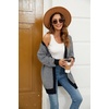 image:imagechouyatou Womens 2025 Striped Herringbone Knit Cardigan Open Front Contrast Color Mid Long Sweater CoatBlack