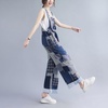 image:imagechouyatou Womens Baggy Wide Leg Linen Overall Trousers Loose Splicing Cotton Jumpsuit Pant with PocketsBlue