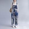 image:imagechouyatou Womens Baggy Wide Leg Linen Overall Trousers Loose Splicing Cotton Jumpsuit Pant with PocketsBlue