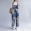 image:imagechouyatou Womens Baggy Wide Leg Linen Overall Trousers Loose Splicing Cotton Jumpsuit Pant with PocketsBlue