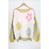 image:imagechouyatou Womens Color Block Striped Long Sleeve Sweaters Daisy Flower Pullover Sweater Jumper TopsGreen Gray
