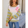 image:imagechouyatou Womens Color Block Striped Long Sleeve Sweaters Daisy Flower Pullover Sweater Jumper TopsGreen Gray