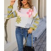 image:imagechouyatou Womens Color Block Striped Long Sleeve Sweaters Daisy Flower Pullover Sweater Jumper TopsGreen Gray