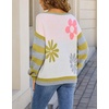 image:imagechouyatou Womens Color Block Striped Long Sleeve Sweaters Daisy Flower Pullover Sweater Jumper TopsGreen Gray
