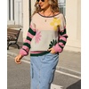 image:imagechouyatou Womens Color Block Striped Long Sleeve Sweaters Daisy Flower Pullover Sweater Jumper TopsPink Green