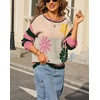 image:imagechouyatou Womens Color Block Striped Long Sleeve Sweaters Daisy Flower Pullover Sweater Jumper TopsPink Green