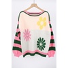 image:imagechouyatou Womens Color Block Striped Long Sleeve Sweaters Daisy Flower Pullover Sweater Jumper TopsPink Green