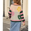 image:imagechouyatou Womens Color Block Striped Long Sleeve Sweaters Daisy Flower Pullover Sweater Jumper TopsPink Green