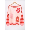 image:imagechouyatou Womens Color Block Striped Long Sleeve Sweaters Daisy Flower Pullover Sweater Jumper TopsRed Orange