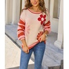 image:imagechouyatou Womens Color Block Striped Long Sleeve Sweaters Daisy Flower Pullover Sweater Jumper TopsRed Orange