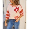 image:imagechouyatou Womens Color Block Striped Long Sleeve Sweaters Daisy Flower Pullover Sweater Jumper TopsRed Orange