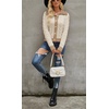image:imagechouyatou Womens Fall Cable Knit Cardigan Sweater Collared Contrast Color Pearl Button Down CardiganBeige Khaki