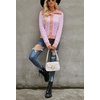 image:imagechouyatou Womens Fall Cable Knit Cardigan Sweater Collared Contrast Color Pearl Button Down CardiganPurple Orange