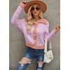 image:imagechouyatou Womens Fall Cable Knit Cardigan Sweater Collared Contrast Color Pearl Button Down CardiganPurple Orange