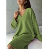 image:imagechouyatou Womens Oversized V Neck Sweater Dress Y2K Long Sleeve Ribbed Knit Pullover Midi Long Dress TopsGreen