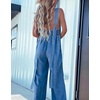 image:imagechouyatou Womens Sexy Suspender Strap Pleated Denim Overalls Back Smocked Wide Leg Jean Jumpsuit PantsBlue