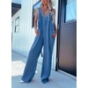 image:imagechouyatou Womens Sexy Suspender Strap Pleated Denim Overalls Back Smocked Wide Leg Jean Jumpsuit PantsBlue