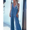 image:imagechouyatou Womens Sexy Suspender Strap Pleated Denim Overalls Back Smocked Wide Leg Jean Jumpsuit PantsBlue