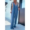image:imagechouyatou Womens Sexy Suspender Strap Pleated Denim Overalls Back Smocked Wide Leg Jean Jumpsuit PantsBlue