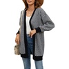 image:imagechouyatou Womens 2025 Striped Herringbone Knit Cardigan Open Front Contrast Color Mid Long Sweater CoatBlack