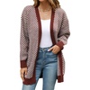 image:imagechouyatou Womens 2025 Striped Herringbone Knit Cardigan Open Front Contrast Color Mid Long Sweater CoatRed