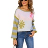image:imagechouyatou Womens Color Block Striped Long Sleeve Sweaters Daisy Flower Pullover Sweater Jumper TopsGreen Gray