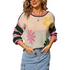image:imagechouyatou Womens Color Block Striped Long Sleeve Sweaters Daisy Flower Pullover Sweater Jumper TopsPink Green