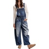 image:imagechouyatou Womens Distressed Barrel Leg Denim Overalls Baggy Jean JumpsuitsDark Blue