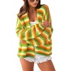 image:imagechouyatou Womens Fall Contrast Color Striped Cardigan Sweater Open Front Chunky Knit Cardigan JacketLemon Yellow
