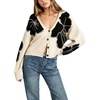 image:imagechouyatou Womens Floral Cropped Cardigan Sweater Button Down Knit JacketBeige