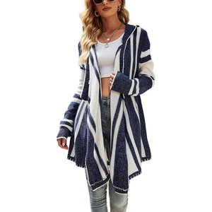image:imageCHOUAYTOU Womens Irregular Drape Open Front Striped Hooded Cardigan Sweater Boho Casual Coatigan CoatBlue