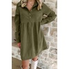 image:imagechouyatou Womens Long Sleeve Corduroy Polo Shirt Dress Button Up Loose Babydoll Tunic Mini Dress with PocketsArmy Green