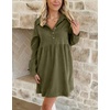 image:imagechouyatou Womens Long Sleeve Corduroy Polo Shirt Dress Button Up Loose Babydoll Tunic Mini Dress with PocketsArmy Green