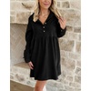 image:imagechouyatou Womens Long Sleeve Corduroy Polo Shirt Dress Button Up Loose Babydoll Tunic Mini Dress with PocketsBlack