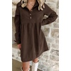 image:imagechouyatou Womens Long Sleeve Corduroy Polo Shirt Dress Button Up Loose Babydoll Tunic Mini Dress with PocketsCoffee