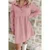 image:imagechouyatou Womens Long Sleeve Corduroy Polo Shirt Dress Button Up Loose Babydoll Tunic Mini Dress with PocketsPink