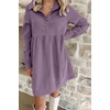 image:imagechouyatou Womens Long Sleeve Corduroy Polo Shirt Dress Button Up Loose Babydoll Tunic Mini Dress with PocketsPurple