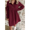 image:imagechouyatou Womens Long Sleeve Corduroy Polo Shirt Dress Button Up Loose Babydoll Tunic Mini Dress with PocketsWine Red
