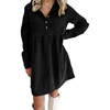 image:imagechouyatou Womens Long Sleeve Corduroy Polo Shirt Dress Button Up Loose Babydoll Tunic Mini Dress with PocketsBlack