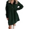 image:imagechouyatou Womens Long Sleeve Corduroy Polo Shirt Dress Button Up Loose Babydoll Tunic Mini Dress with PocketsBlackish Green