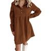 image:imagechouyatou Womens Long Sleeve Corduroy Polo Shirt Dress Button Up Loose Babydoll Tunic Mini Dress with PocketsBrown