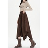 image:imagechouyatou Womens Boho Asymmetrical Suede Leather Skirt High Elastic Waist ALine Faux Leather Midi Long SkirtCoffee Brown