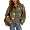 image:imagechouyatou Womens Floral Print Crop Denim Jacket Long Sleeve Jean CoatGreen