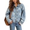 image:imagechouyatou Womens Floral Print Crop Denim Jacket Long Sleeve Jean CoatLight Blue